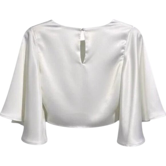 Showpo White Satin Blouse Cropped Long Sleeve Twist Front Top XS - Picture 3 of 6